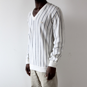  - Men's Lacoste White Vertical Striped V-Neck Sweater