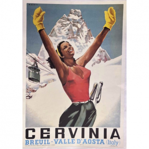  - Manifesto pubblicitario telato d'epoca Cervinia Valle D'Aosta - Musati
